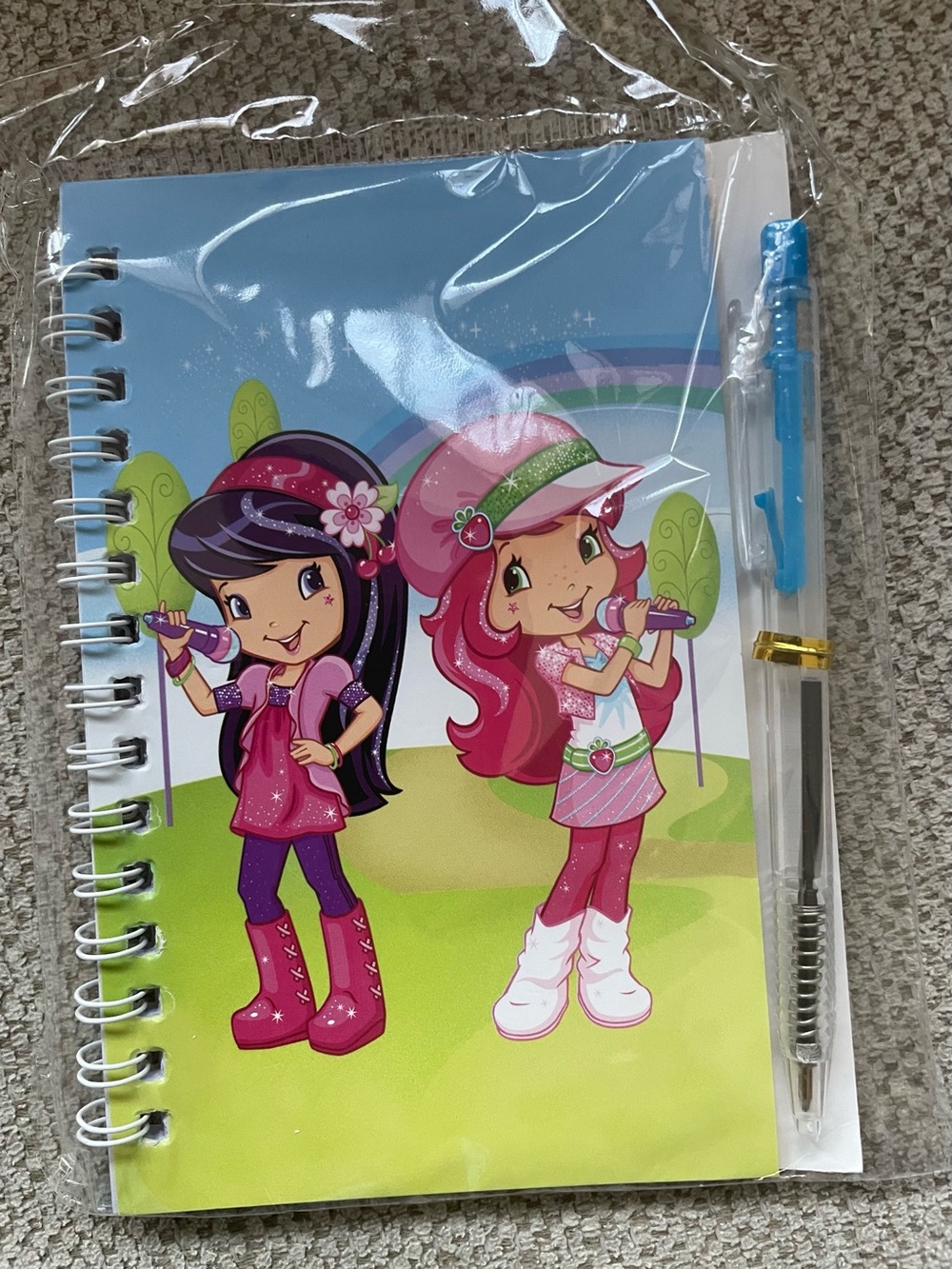 Spiral Notebook with Pink Character Cover and Blue Pen
